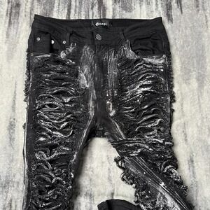 Guapi Slashed Jeans Mens 32x38 Distressed Destroyed Black Denim Designer Skinny
